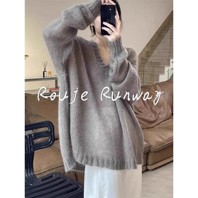 Rouje Runway法式慵懒风镂空针织衫秋冬季女中长款宽松显瘦毛衣