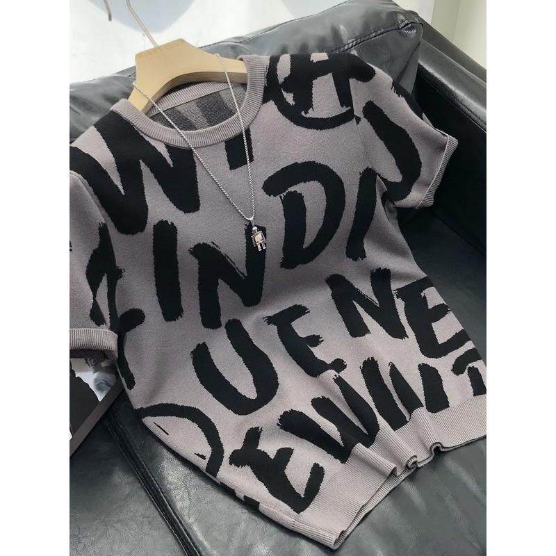 秋冬季短袖毛衣男半袖针织衫圆领套头加厚印花t恤修身青年打底衫