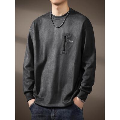 意大利重磅麂皮绒长袖T恤男潮牌日系覆古打底衫宽松大码卫衣外套