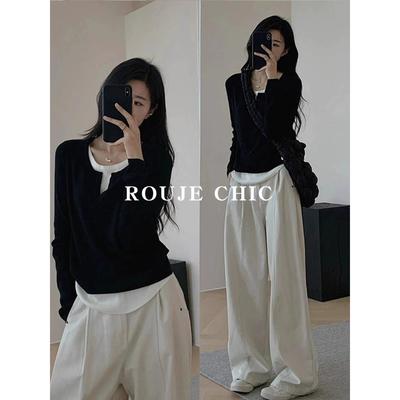 法国ROUJE CHIC法式复古风不规则假两件v领毛衣内搭修身针织衫女