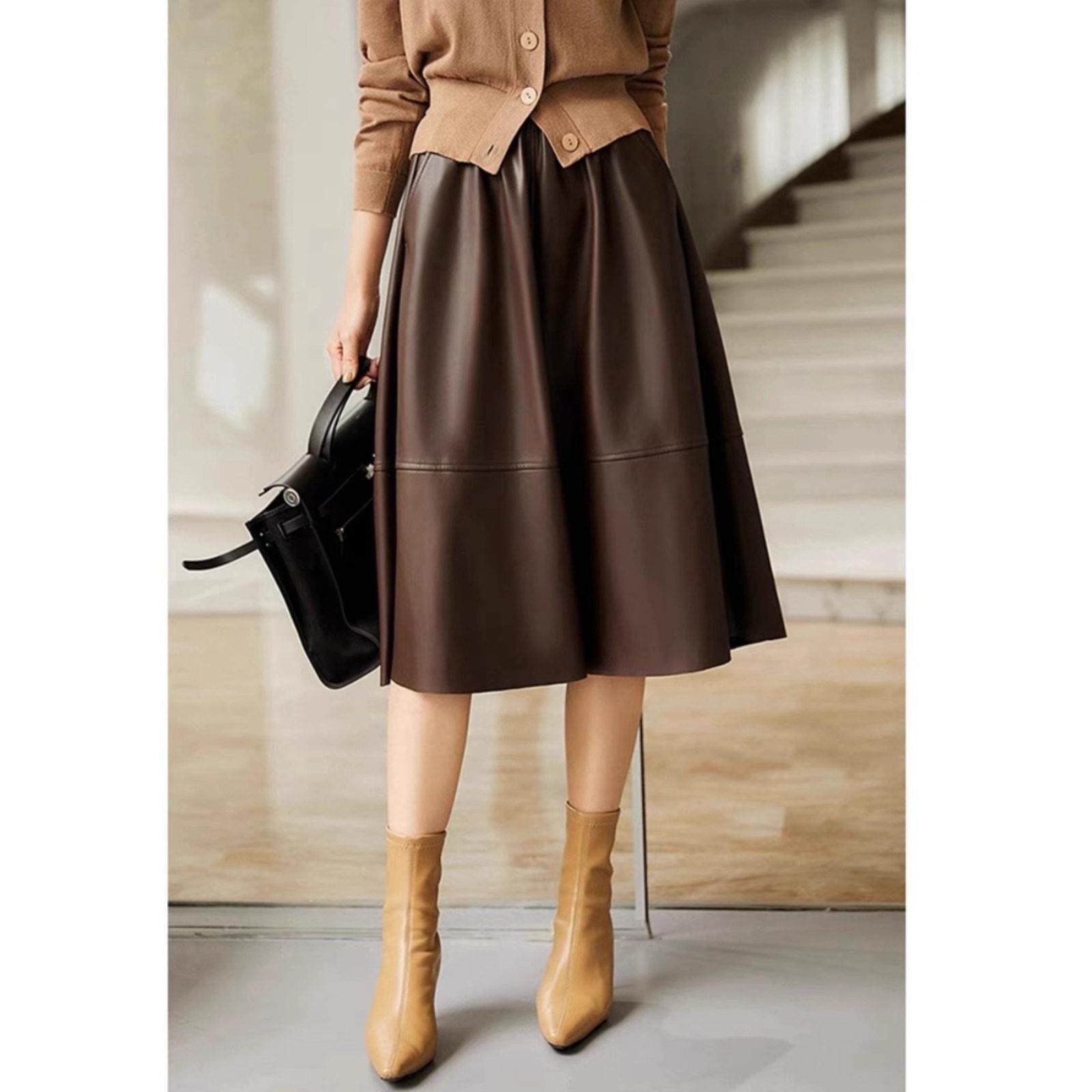 海宁真皮中长伞裙 高腰显瘦A字半身裙 黑色咖啡色美拉德风,女装/女士精品,半身裙,淘宝优惠券,粉丝福利购,淘宝优惠卷