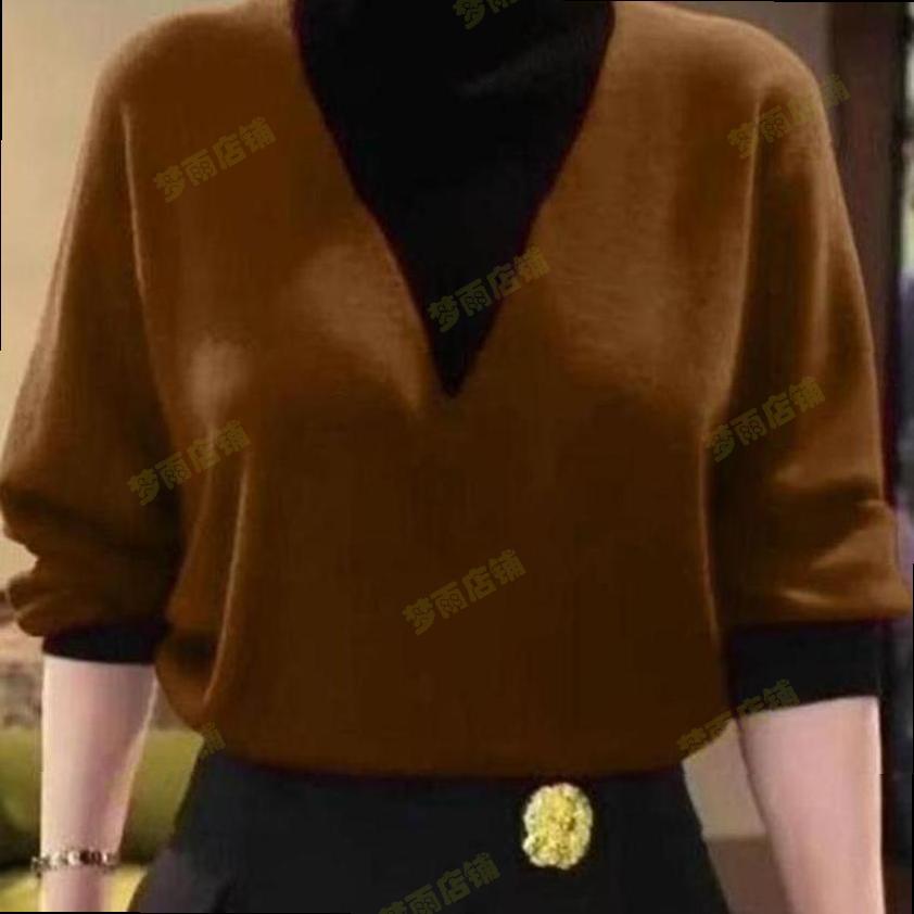 中年妈妈秋冬季百搭假两件德绒衫半高领撞色衬衫打底衫女新款打底