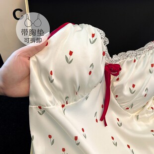 带胸垫甜美可爱印花吊带中长款 性感气质睡裙 冰丝夏季 睡衣女新款
