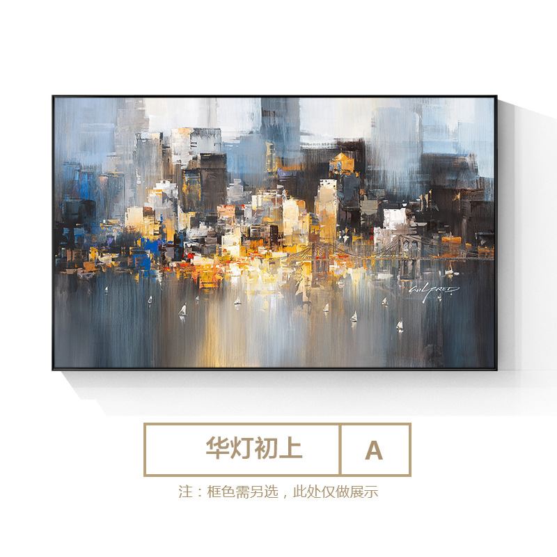 现代抽象客厅装饰画沙发背景挂画大气时尚轻奢城市建筑北欧风油画图片