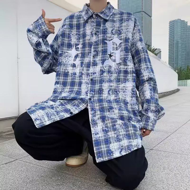长袖衬衫新款上衣潮牌情侣男蓝色字母格子女春秋夏季扎染百搭外套