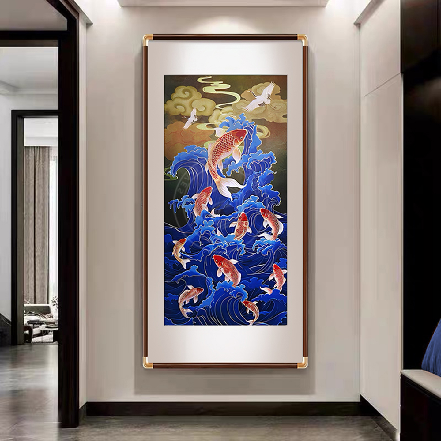 别墅中式入户玄关装饰画真铜雕九鱼图轻奢高级感走廊过道尽头挂画图片
