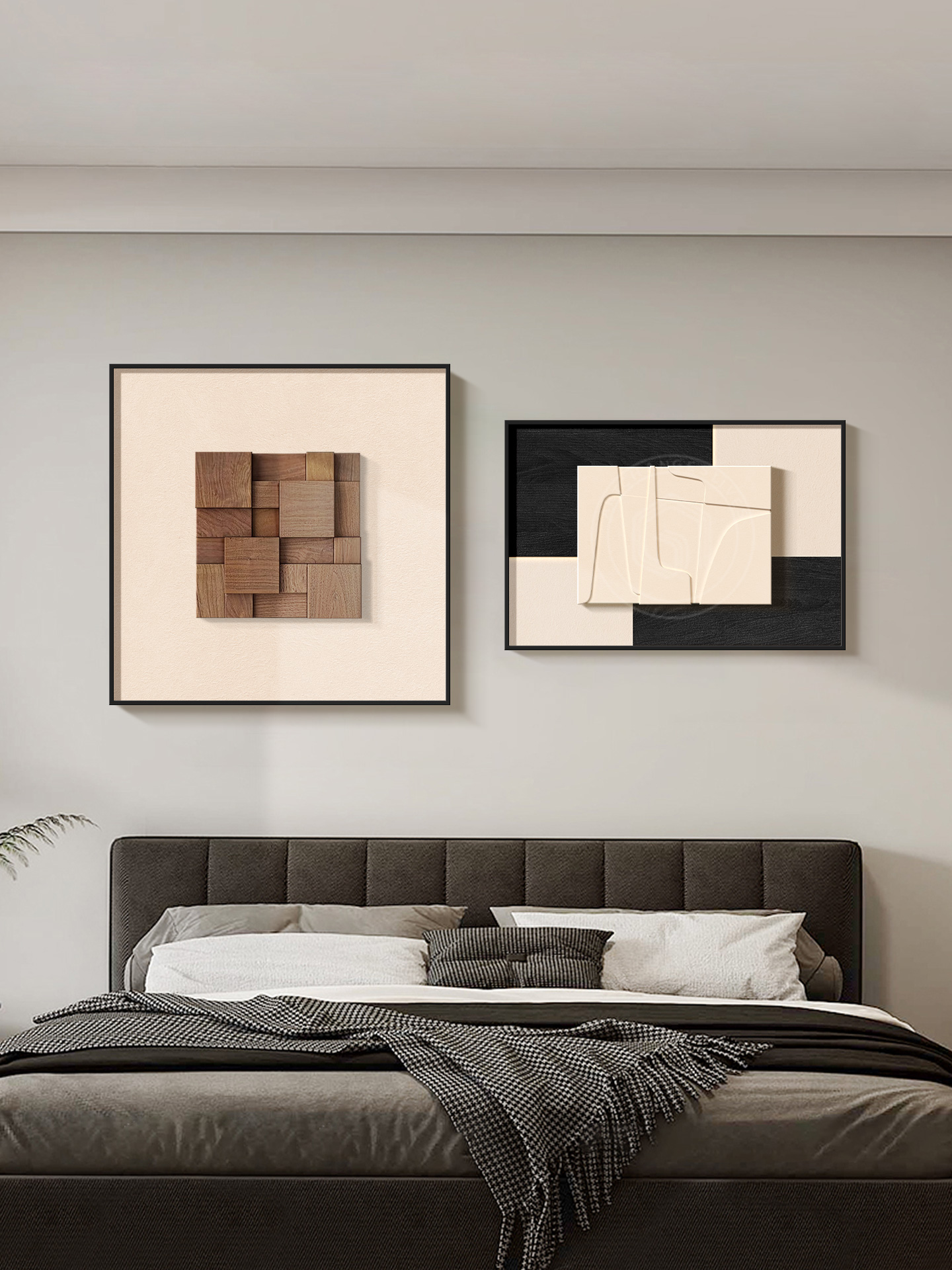 高级感双层立体中古风卧室床头装饰画主次卧房间两联餐桌轻奢挂画