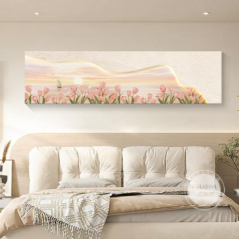 法式奶油风客厅装饰画房间立体床头长挂画温馨花卉油画卧室壁画灯图片