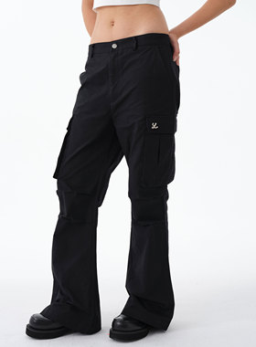 Y2NG 纯色复古微喇膝盖压褶设计大口袋工装裤休闲裤男女同款长裤