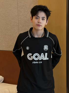 Y2NG 美式复古运动POLO翻领球衣长袖T恤透气套头上衣