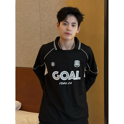 美式复古字母印花长袖polo领t恤