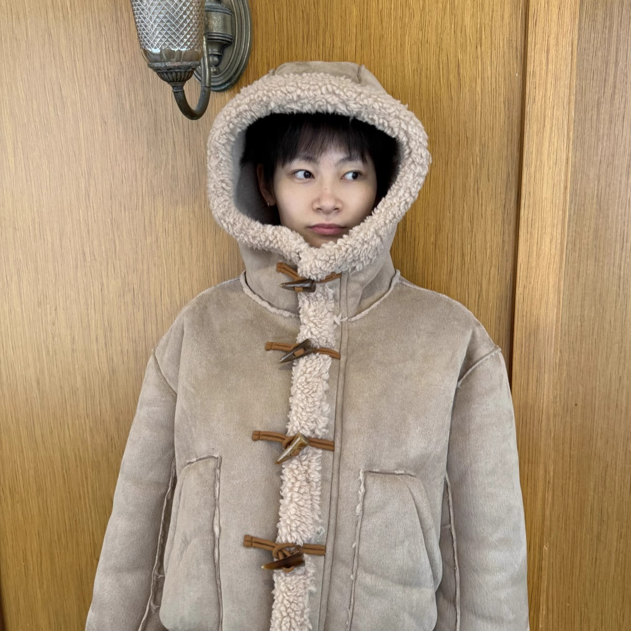 Y2NG双面穿拼接羊羔绒麂皮皮毛一体保暖厚外套棉服保暖牛角扣上衣