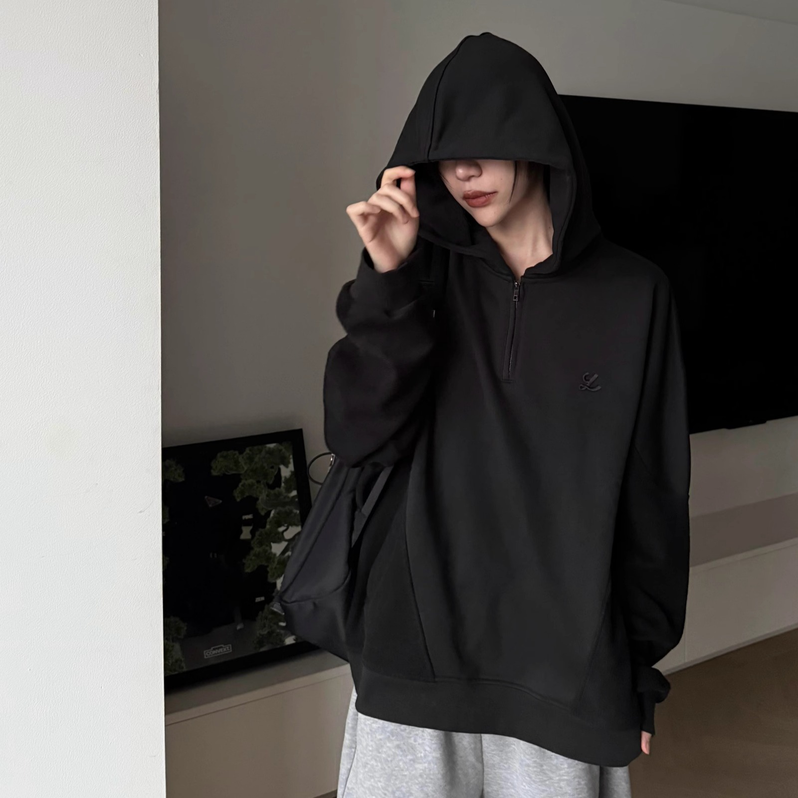 Y2NG反毛圈拼接V领连帽卫衣短宽廓形学院风重磅帽衫