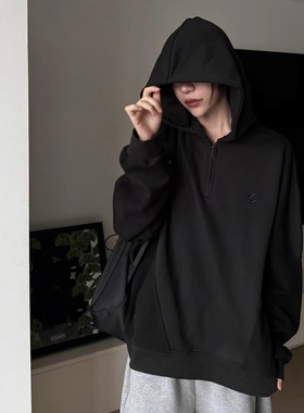 Y2NG反毛圈拼接V领连帽卫衣短宽廓形学院风重磅帽衫