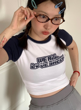 Y2NG 休闲复古辣妹插肩袖T恤女夏季圆领短款高腰修身字母印花上衣