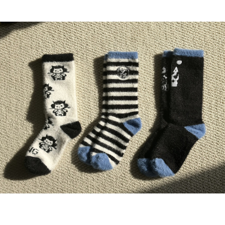 Y2NG原创可爱小羊纯棉仿貂毛中筒袜秋冬保暖毛绒袜地板袜家居袜