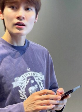 Y2NG紫色水洗磨毛做旧圆领长袖复古原创印花T恤上衣圆领衫