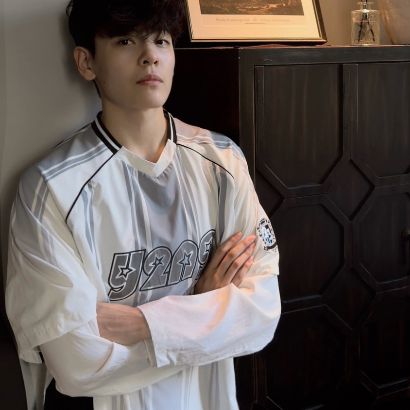 Y2NG 假两件美式复古球衣刺绣徽章结构拼接长袖球服