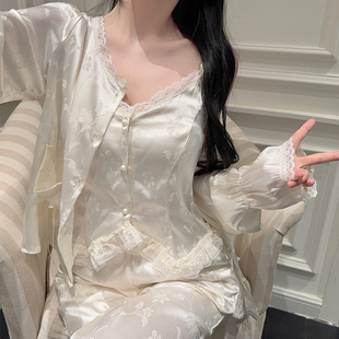 三件套吊带胸垫提花国风蕾丝性感真丝绸冰丝家居服 睡衣女春秋款
