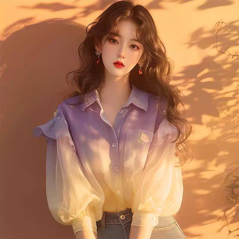 2024年新款紫色印花衬衫秋装女款小众独特别致泡泡袖渐变撞色上衣