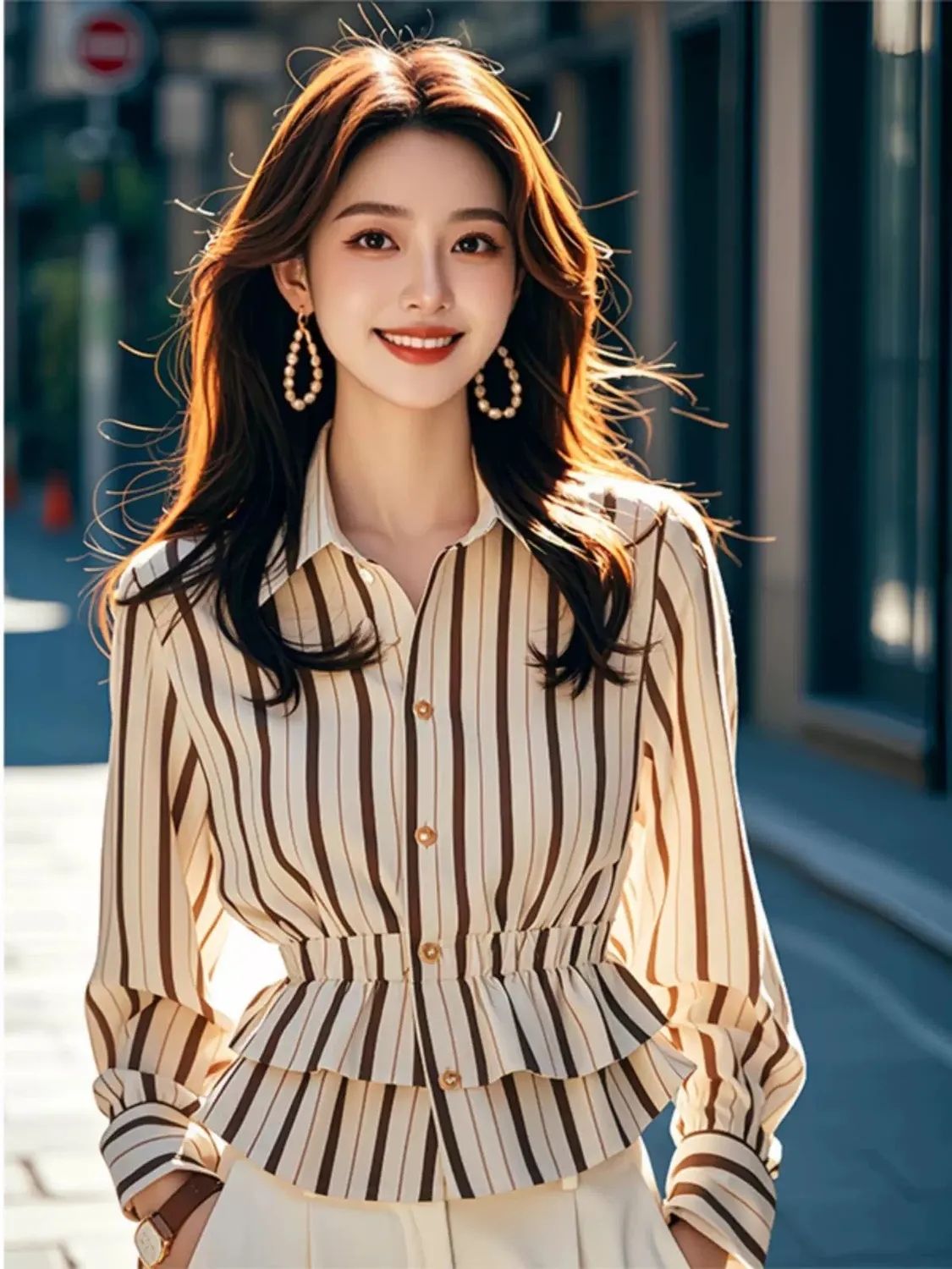 独特漂亮复古港风高级感衬衫女秋季新款今年流行条纹收腰长袖上衣