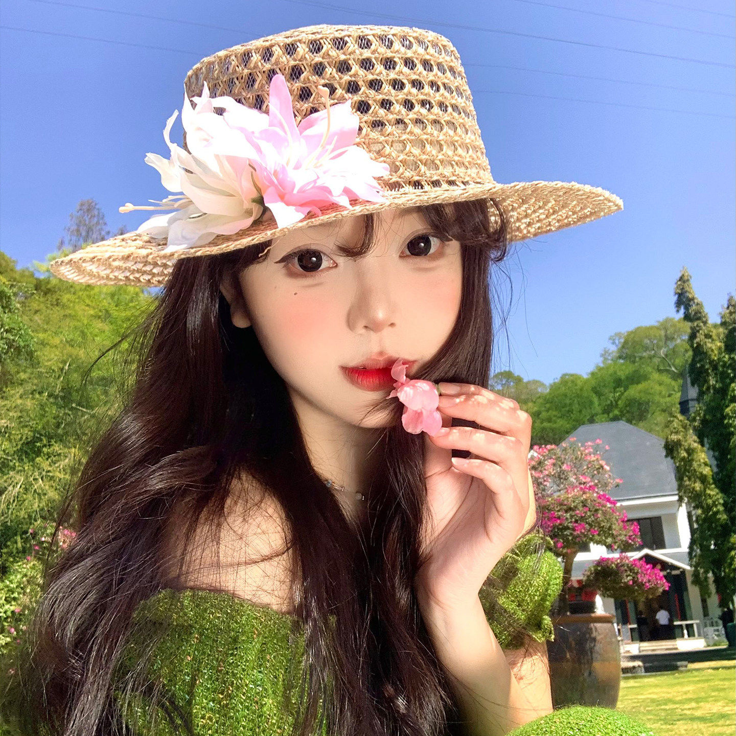 草帽海边度假镂空花朵子高