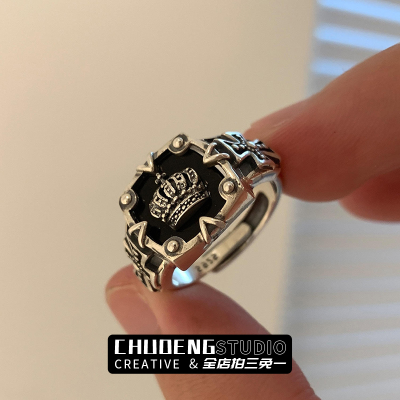 独特设计十字架皇冠开口戒指