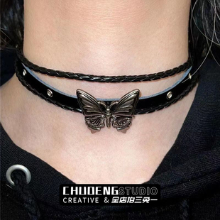 暗黑涩谷蝴蝶皮质双层朋克摇滚choker项圈复古辣妹y2k亚文化项链