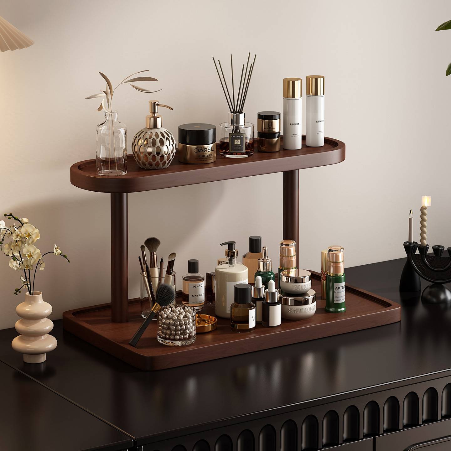 式古妆台物法实木多置化梳妆层品杂架收复面无品牌/物纳桌架香水