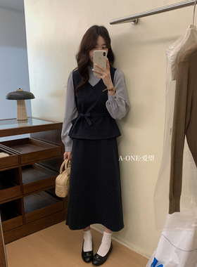A-one爱望新款半身裙假两件上衣波点搭配高级文艺气质女套装24279