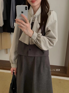 A-one爱望新款半身裙两件套女秋装搭配条纹拼接蝴蝶结女套装24268