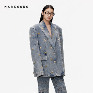 MARKGONG 新品 夏季 外套 设计感高级流行独特时尚 蓝牛仔铆钉西装
