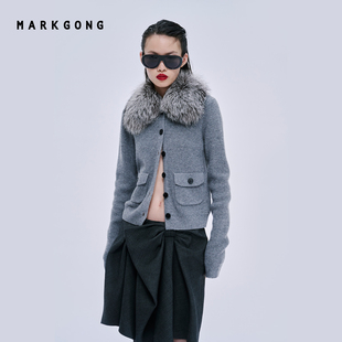 宁艺卓同款【SALE】【MARKGONG】设计感拼狐领针织开衫流行秋冬