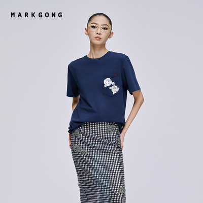 MARKGONG钉珠口袋藏青挺括短袖