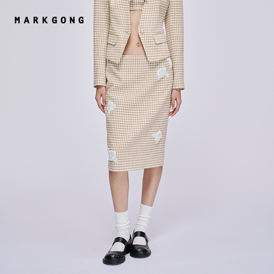 MARKGONG卡其格子钉珠半裙
