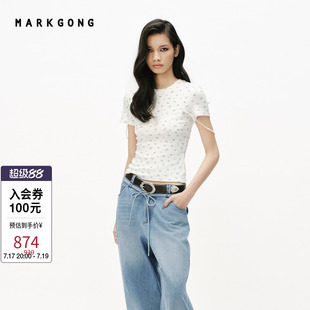 【MARKGONG】流行设计感碎花复古假两件短袖2026早秋新品女装上衣