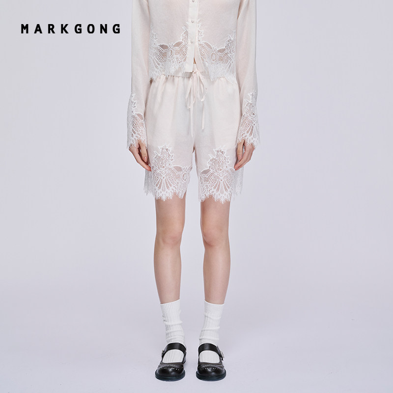 MARKGONG黑色蕾丝拼接短裤图片