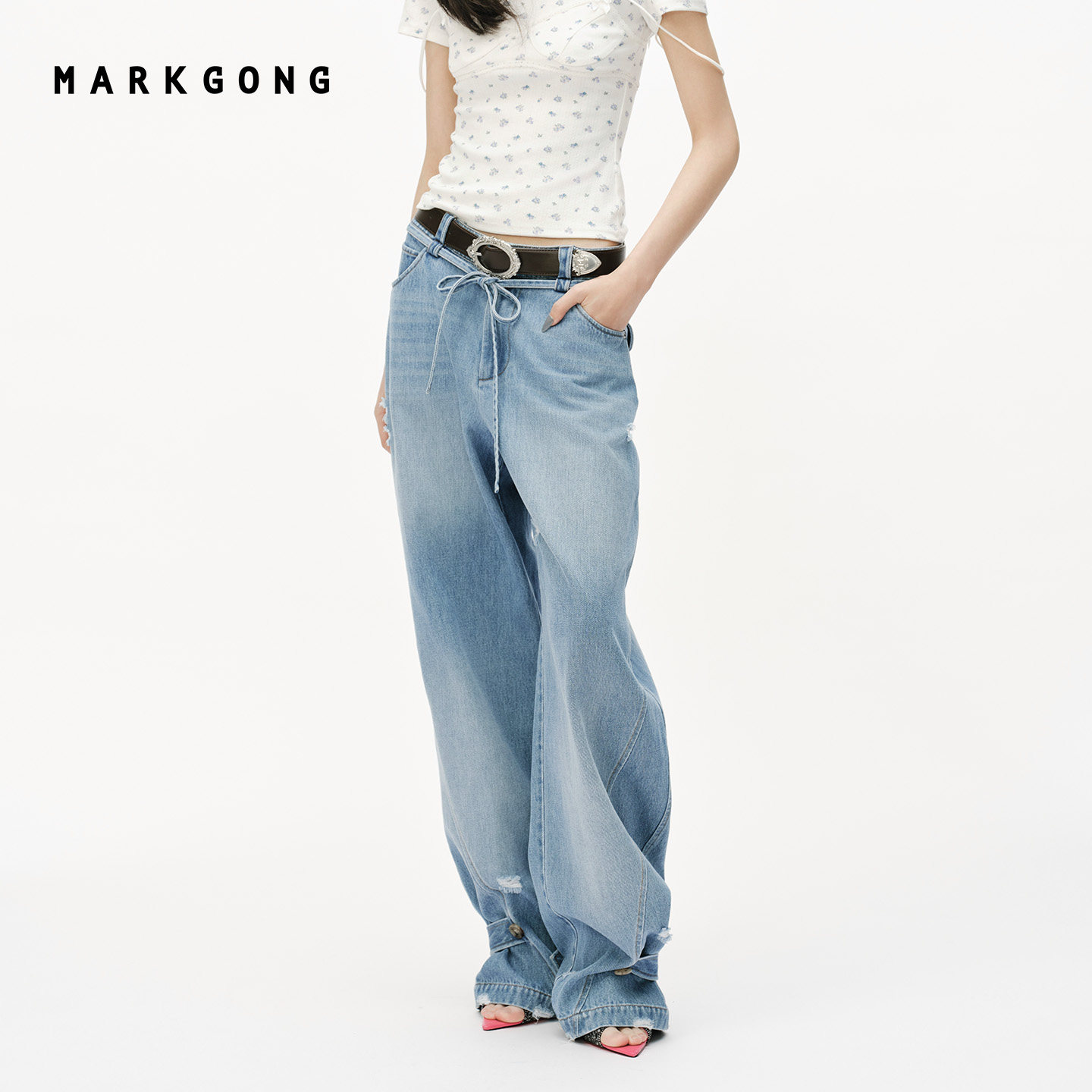 MARKGONG豹纹牛仔工装弯刀裤