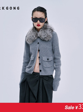 宁艺卓同款【SALE】【MARKGONG】设计感拼狐领针织开衫流行秋冬