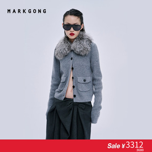宁艺卓同款【SALE】【MARKGONG】设计感拼狐领针织开衫流行秋冬