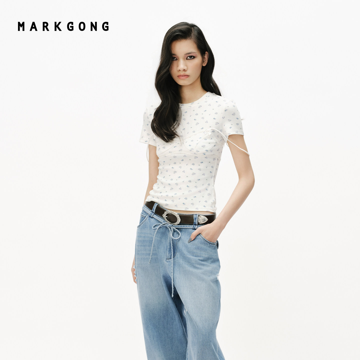 MARKGONG碎花复古假两件短袖上衣