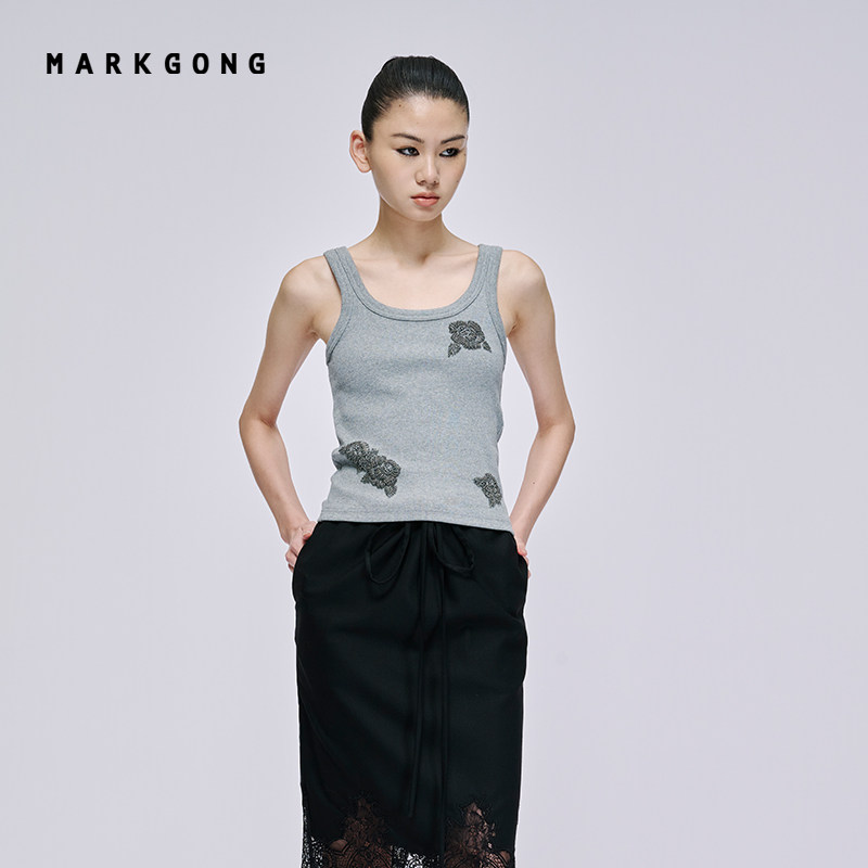 【MARKGONG】时尚百搭灰色螺纹钉珠背心流行秋冬休闲高级女装上衣,女装/女士精品,背心吊带,淘宝优惠券,粉丝福利购,淘宝优惠卷