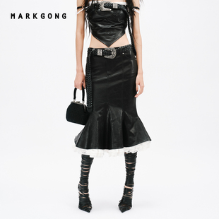 【MARKGONG】设计感花边装饰三色鱼尾半裙2026早春新品女装裙子