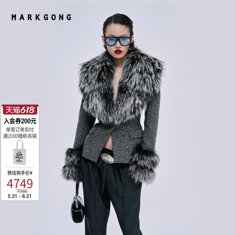 MARKGONG黑花尼拼貉子毛领西装