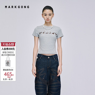 【MARKGONG】【Jennie同款】狗狗印花弹力短袖流行秋冬休闲女装