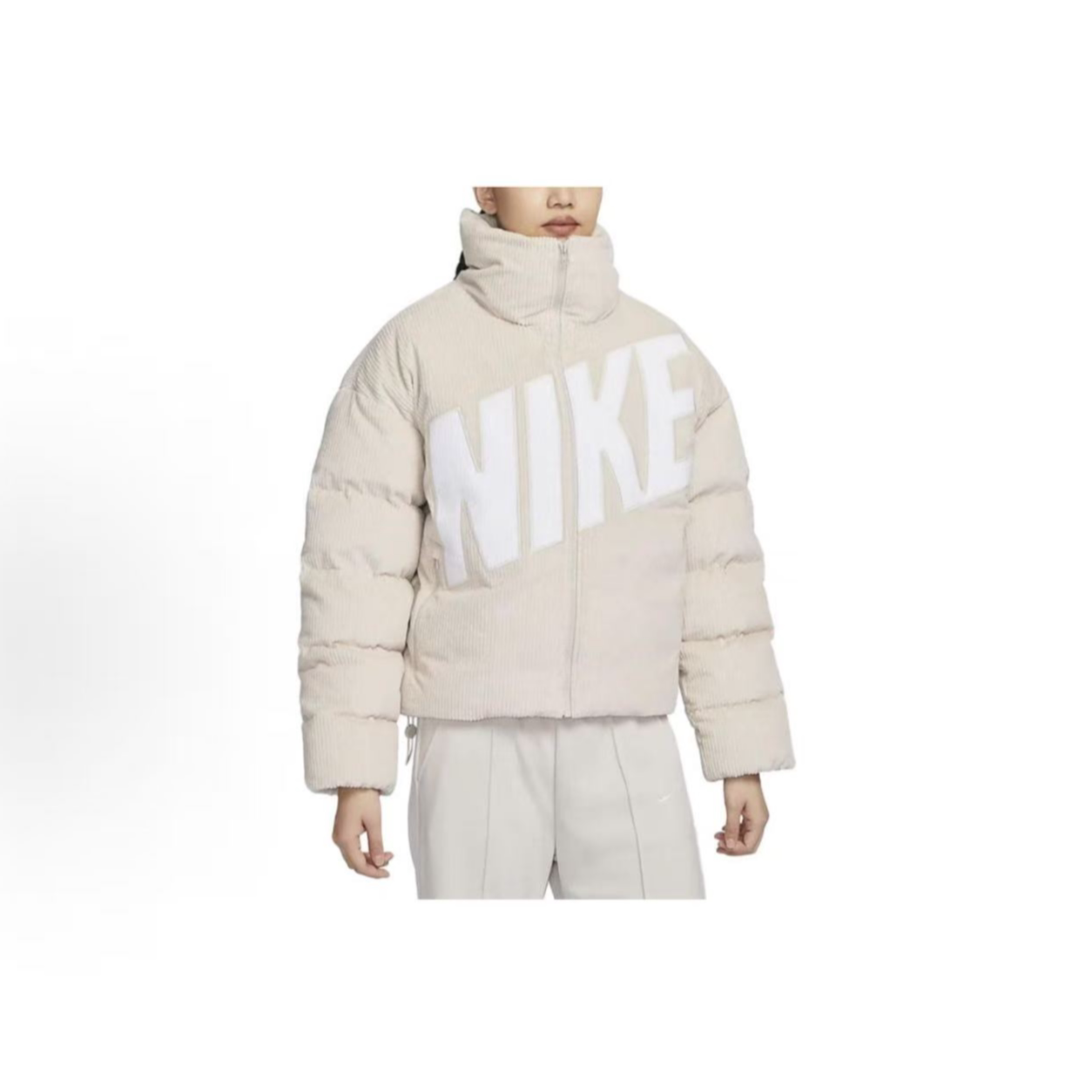 NIKE耐克 女款立领宽松灯芯绒米白色休闲羽绒服 FD8214-104