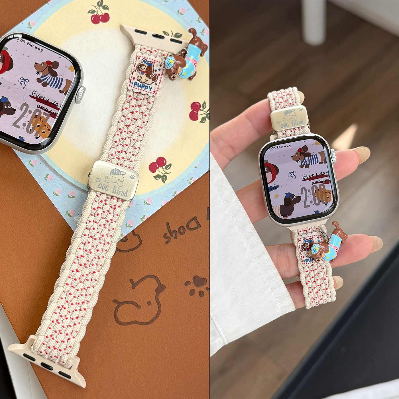 适用苹果手表applewatchs10表带S9卡通s8尼龙编织7新款11代磁吸SE