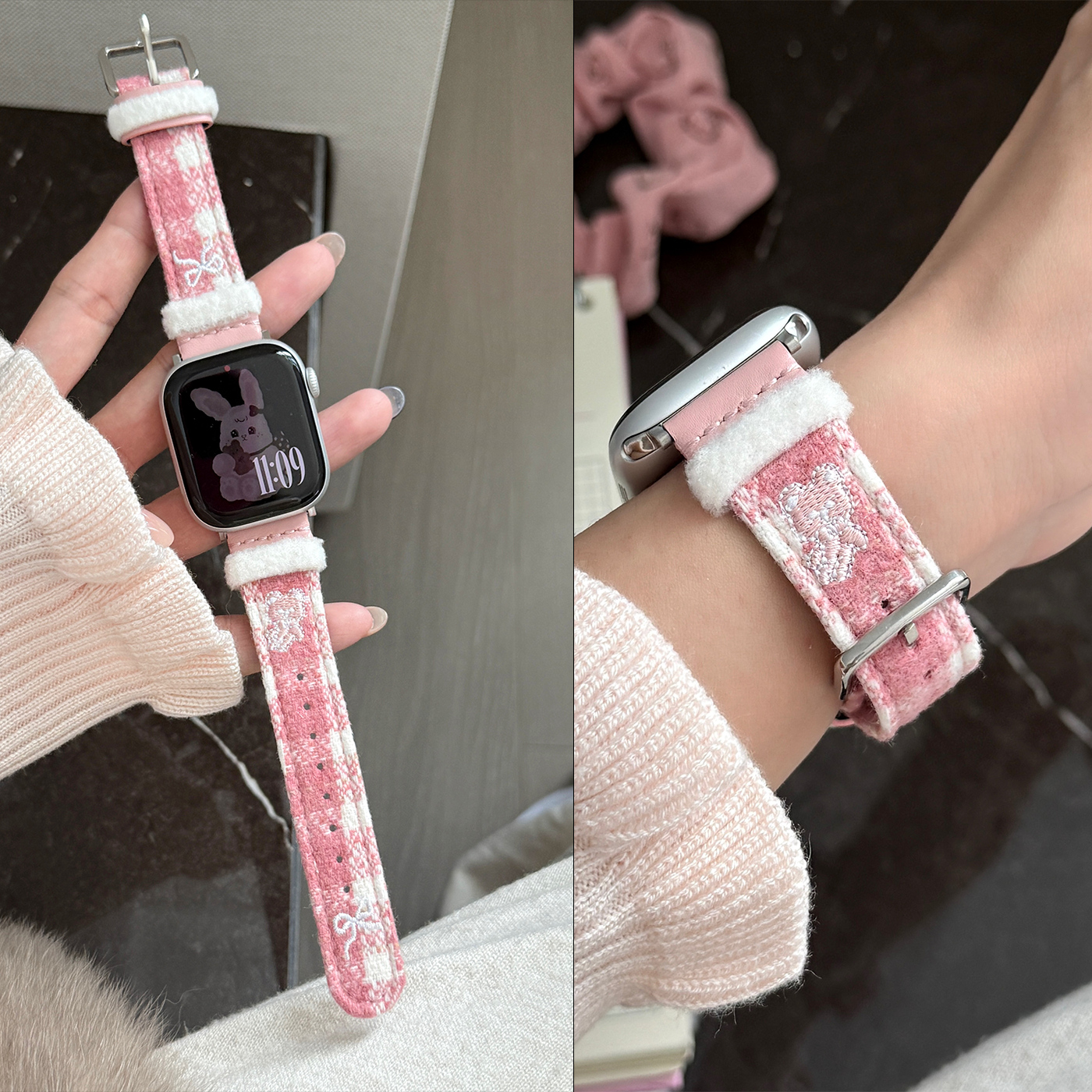 毛绒刺绣蝴蝶结真皮表带适用iwatch10苹果手表s9applewatch11se女
