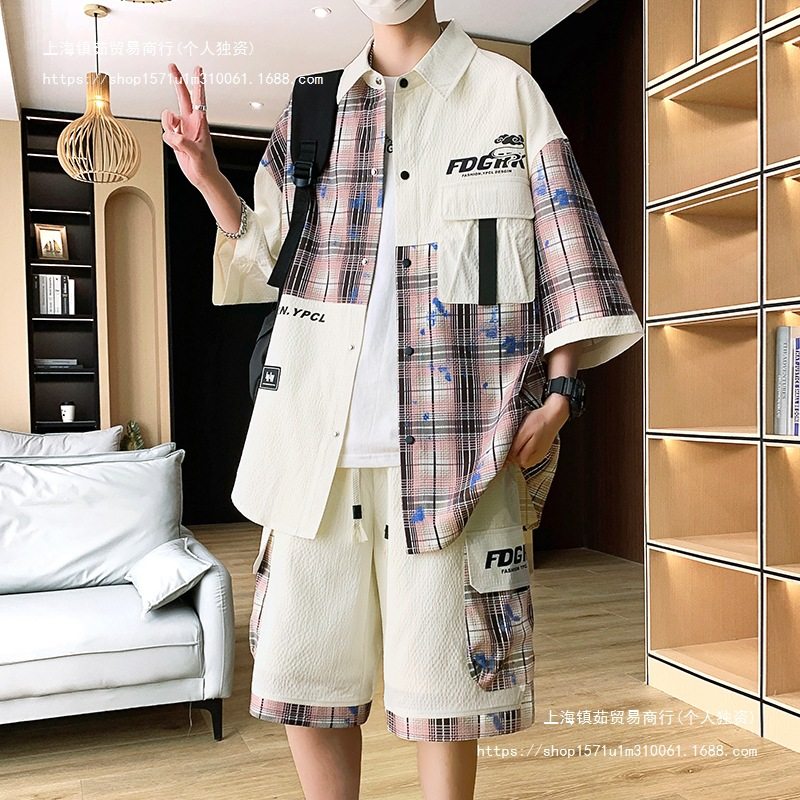 格子衬衫男套装夏季潮牌拼接休闲衬衣男短袖帅气青少年一整套
