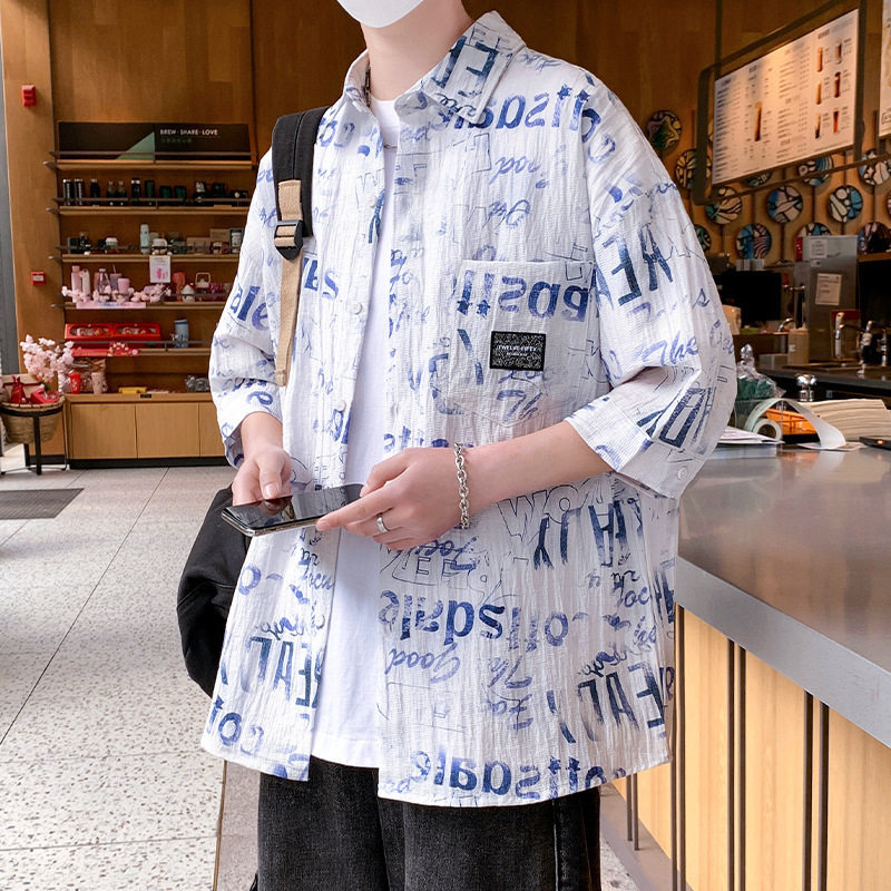 跨境七分袖透气衬衫男夏季格子短袖衬衣外套男青少年痞帅港风